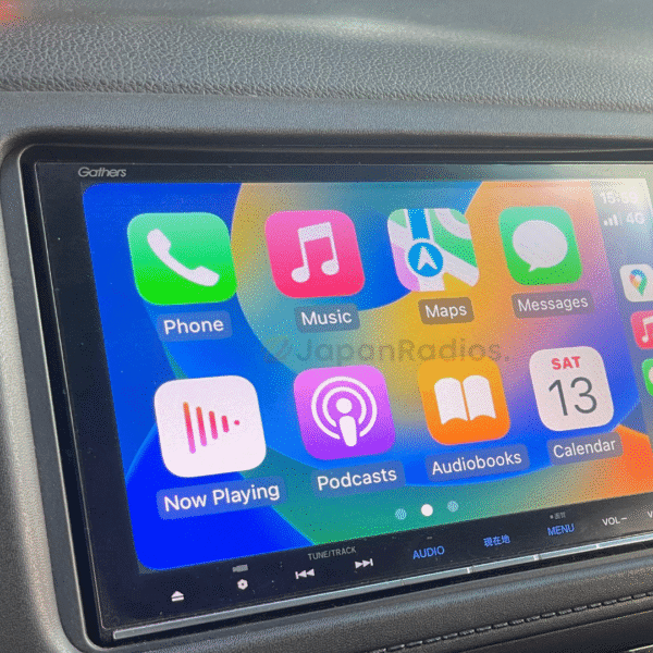 Gathers VXM-175VFni head unit displaying Apple CarPlay interface with iPhone connected via USB cable after SD card installation