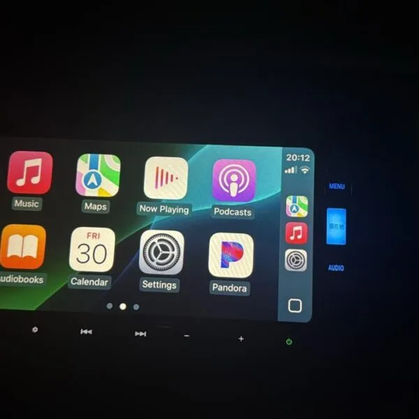 VXM-175VFi head unit displaying Apple CarPlay interface with iPhone connected via USB cable after SD card installation